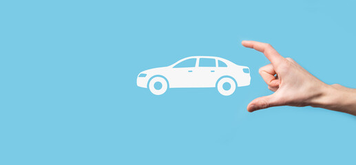 Digital composite of Man holding car icon.Car automobile insurance and car services concept....