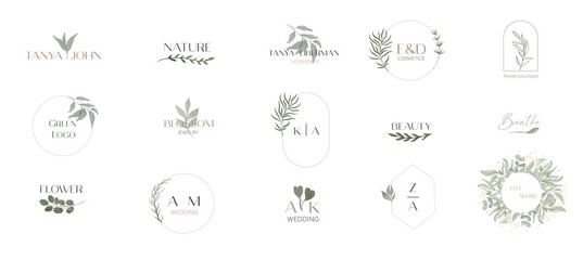 Collection of elegant wedding logo, hand drawn watercolor greenery leaf, delicate monogram set