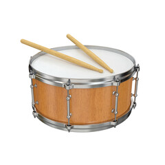 Wooden drum and drumsticks on a white background, 3d render