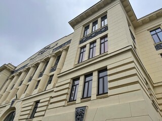Facade of architectural building. Restored historic structure.