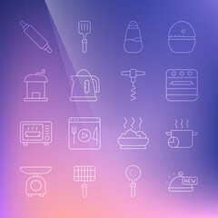 Set line Covered with tray of food, Cooking pot, Oven, Salt, Electric kettle, Manual coffee grinder, Rolling pin and Wine corkscrew icon. Vector