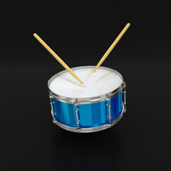 Drum and drumsticks blue on black background, 3d render