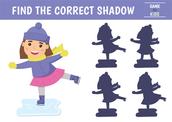 Children's game find the right shadow. A girl skates on ice in winter. Vector illustration.
