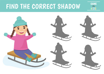 Children's game find the right shadow. A girl rides a sleigh in winter. Vector illustration.