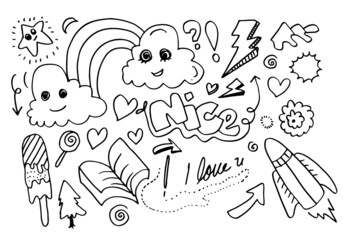 set of doodle design elements isolated on a white background for design concepts like flowers, cloud,star,thunderbolt,rocket, book,heart,ice cream, arrows and others.