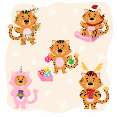 Vector illustration of a set of Christmas tigers