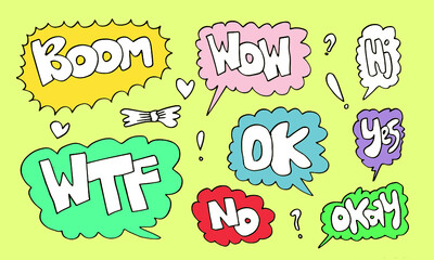 Hand drawn set of speech bubbles with handwritten short phrases  wow,boom,hi,WTF,OK,NO,yes,okay on yellow background.