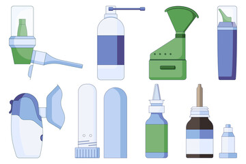 Icons set of nasal drops and sprays. For colds, flu, cough medicine in the nose in a flat style isolated on a white background. . Vector illustration
