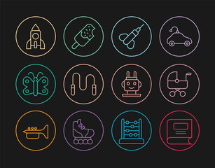 Set line Book, Baby stroller, Dart arrow, Jump rope, Butterfly, Rocket ship toy, Robot and Ice cream icon. Vector