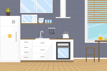 Cozy modern kitchen interior with furniture and stove, dishes, fridge and utensils. Home design. Cooking theme. Flat vector illustration.