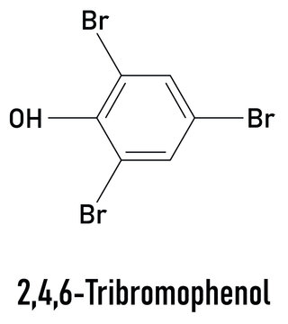 Tribromophenol (TBP, 2,4,6-Tribromophenol) molecule. Used as fungicide and wood preservative; Skeletal formula.