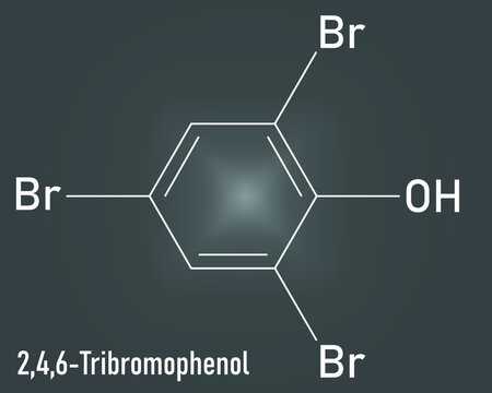 Tribromophenol (TBP, 2,4,6-Tribromophenol) molecule. Used as fungicide and wood preservative; Skeletal formula.