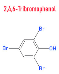 Tribromophenol (TBP, 2,4,6-Tribromophenol) molecule. Used as fungicide and wood preservative; Skeletal formula.