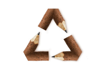 Recycling symbol made of wooden pencils on white background - Concept of ecology and recycling