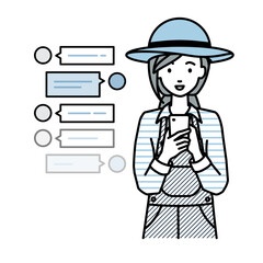 立ってスマートフォンで楽しくチャットで会話する農家の女性