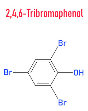Tribromophenol (TBP, 2,4,6-Tribromophenol) molecule. Used as fungicide and wood preservative; Skeletal formula.