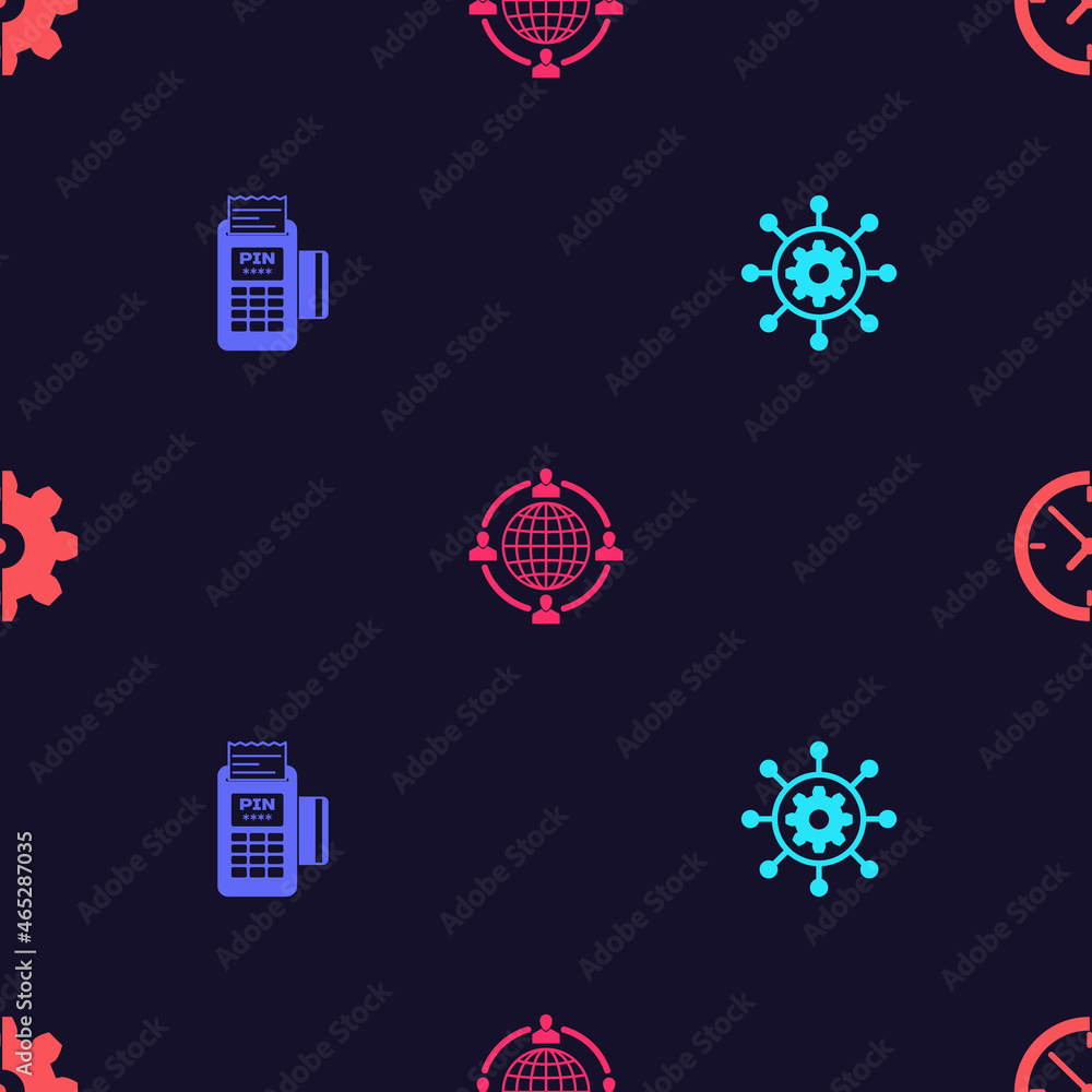 Poster set project management, pos terminal, outsourcing concept and clock and gear on seamless pattern. ve