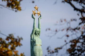 RIGA, LATVIA. 16th October 2019. Selective focus photo. Monument of Freedom. - obrazy, fototapety, plakaty