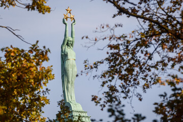 RIGA, LATVIA. 16th October 2019. Selective focus photo. Monument of Freedom.