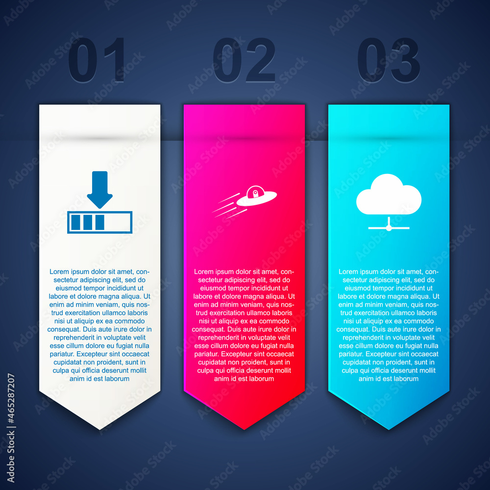Aufkleber set loading, ufo flying spaceship and alien and network cloud connection. business infographic templ