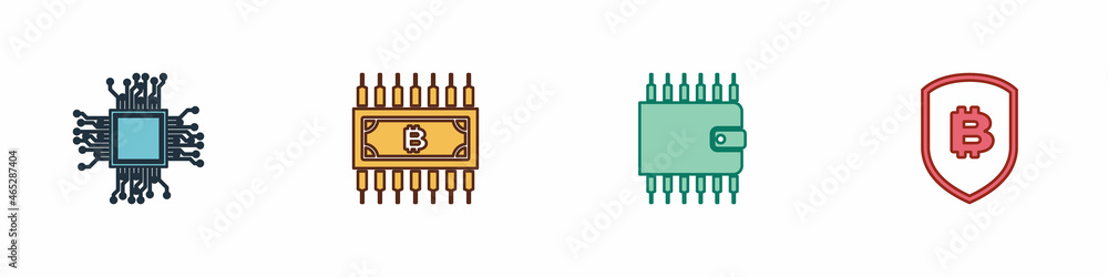 Poster set processor, cryptocurrency bitcoin with circuit, wallet and shield icon. vector