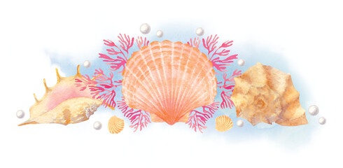 Card with composition of sea elements in watercolor style: seashells, starfish, seahorse, coral. 