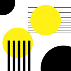 Abstract design illustration with geometrical (circles and stripes) shapes decoration in yellow and black colors on white background.