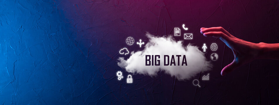 Businessman holds the inscription , word BIG DATA. Padlock , brain ,man, planet,graph, magnifier, gears, cloud, grid, document, letter, phone icon.