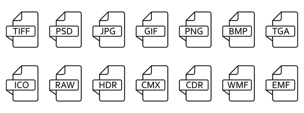 Image file formats icon. Set of line icons of different image formats. Image file icons. Vector illustration.