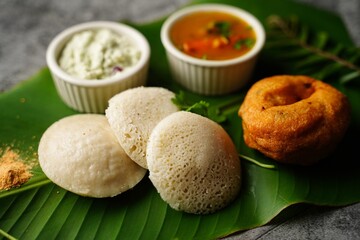 Vegetarian South Indian breakfast thali - Idli vada sambar chutney