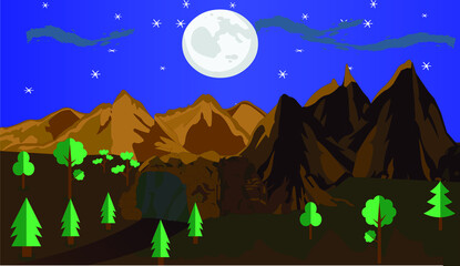 Landscape desert at night flat illustration with mountains, trees, moon, stars, clouds Etc.
