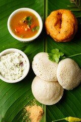 Vegetarian South Indian breakfast thali - Idli vada sambar chutney