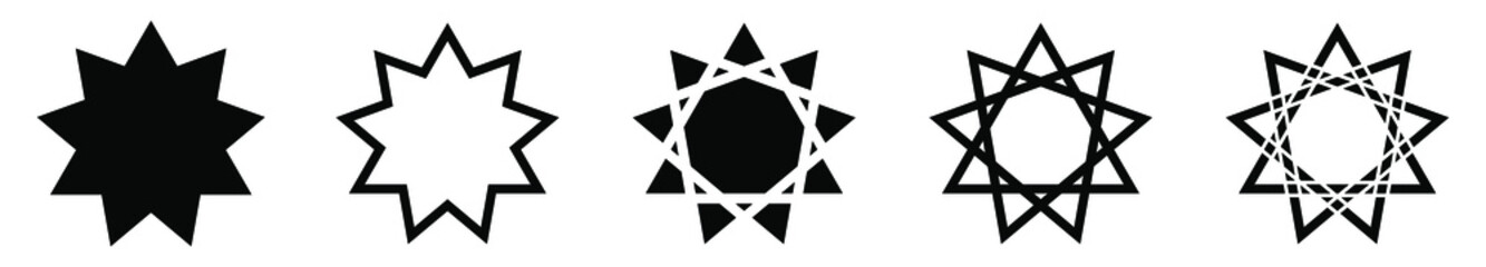 Bahai star. Black linear Baha'i symbols set. Religious symbol of Bahaism. Vector illustration.