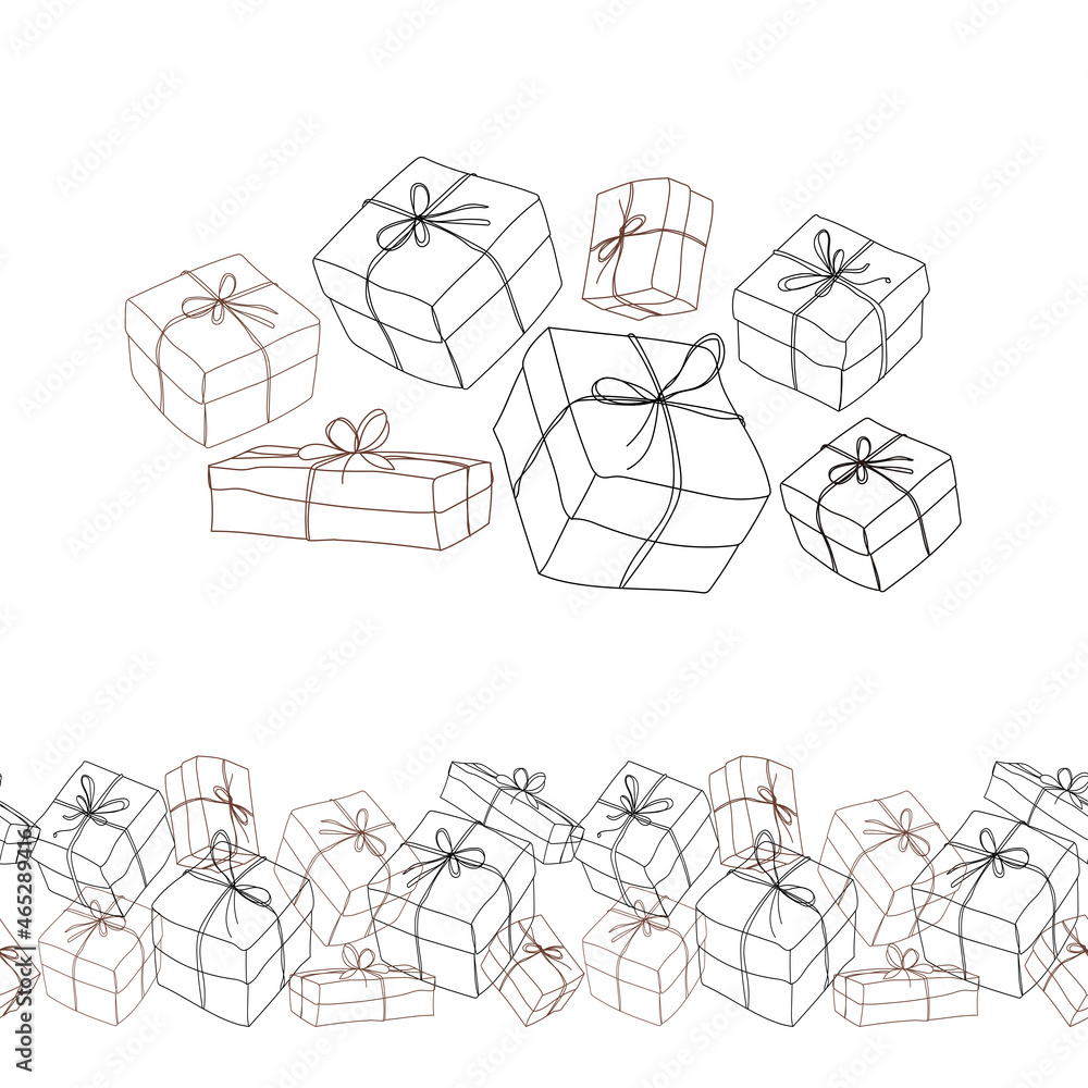 Poster a set of outline art gift boxes of different shapes with a seamless border pattern isolated on a whi