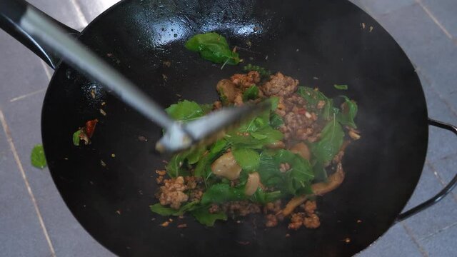 Holy basil minced pork stir fry. Pad Gaprao is one of the most favorite thai street food. Holy basil stir fry.