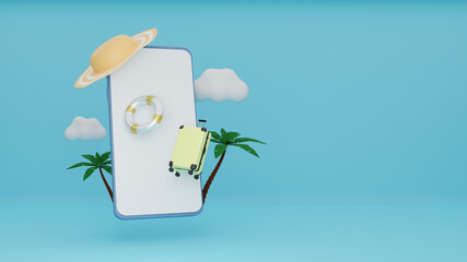 Concept travel of Smart phone and rubber ring with hat summer, suitcase on blue pastel background. 3d rendering