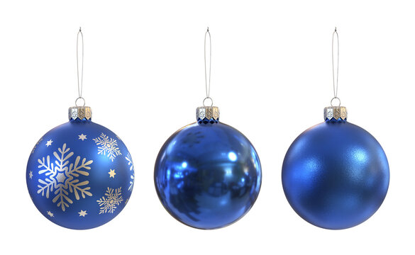 A set of blue Christmas balls on a white background, 3d render
