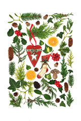 Winter flora with retro Christmas tree decorations and symbols of the festive season on white background. Eco friendly concept. Flat lay, top view.