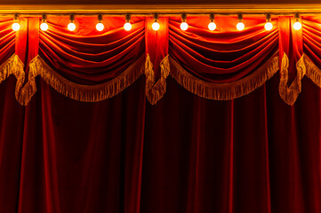 Theater red curtain and neon lamp around border. - 465290830