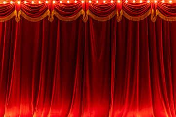 Theater red curtain and neon lamp around border. - obrazy, fototapety, plakaty