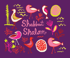 Shabbat shalom challah cover with birds, plants, sun waves, stars - obrazy, fototapety, plakaty