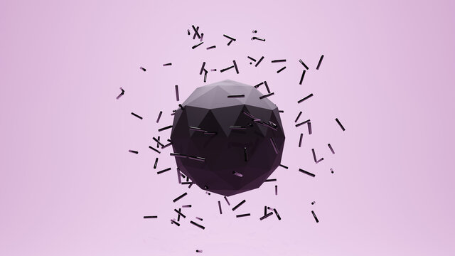 Pink background strange icosphere and metallic particles