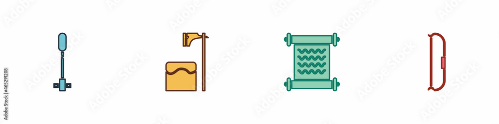 Poster set torch flame, executioner axe in tree block, decree, parchment, scroll and medieval bow icon. vec