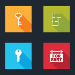 Set House key, plan, and Hanging sign with For Rent icon. Vector