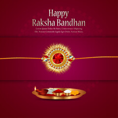 Happy raksha bandhan celebration greeting card with golden rakhi and puja thali