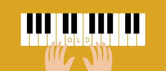 Fototapeta premium Old Hands on Piano Keys, Elderly Hobby, Flat Vector Stock Illustration with Hands of Elderly Musician as Music Class Concept
