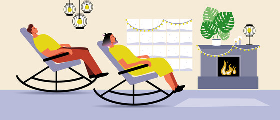 Couple by the fireplace, rocking chair, flat vector stock illustration with winter interior and couple together, man and woman at home