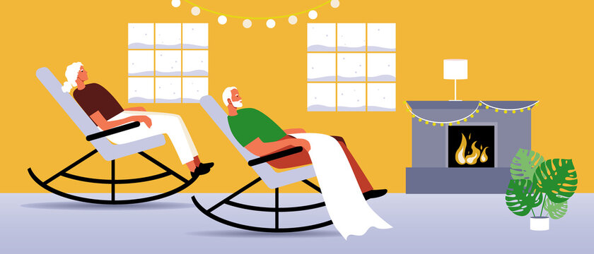 Old couple resting, rocking chair by the fireplace, flat vector stock illustration with elderly people sitting and cozy room