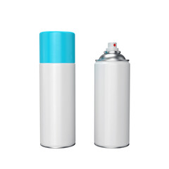 Blue spray can with paint, open and closed lid. on a white background, 3d render