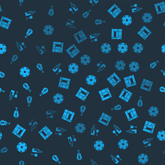 Set Wine bottle with glass, House Edificio Mirador, Football ball and Spanish guitar on seamless pattern. Vector